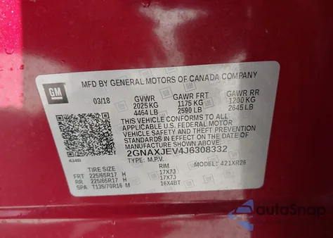 2018 Chevrolet Equinox Lt from USA, damaged, VIN 2GNAXJEV4J6308332